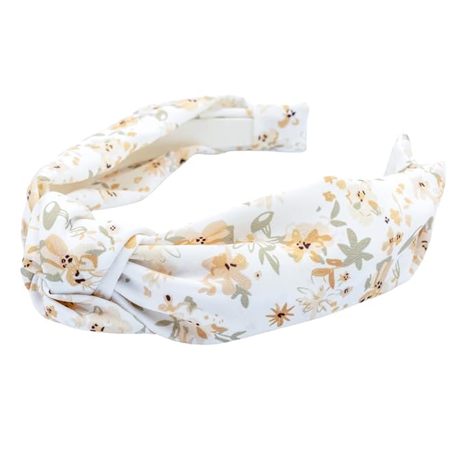 Knotted Headband for Women (Neutral Florals), Wide Knotted Headband in White Chiffon with Neutral Beige Floral Pattern