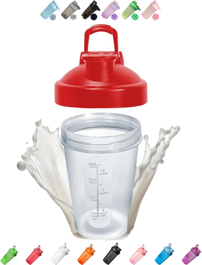 Shaker Bottle A Small Clear w. Red Lid,12Oz/400ml Measurement Marks & Stainless Whisk Blender Mixer Ball,BPA Free,Made of PP5,Perfect for Nutrition/Protein/Keto/Juice Powder Shaking, (WTL8U)