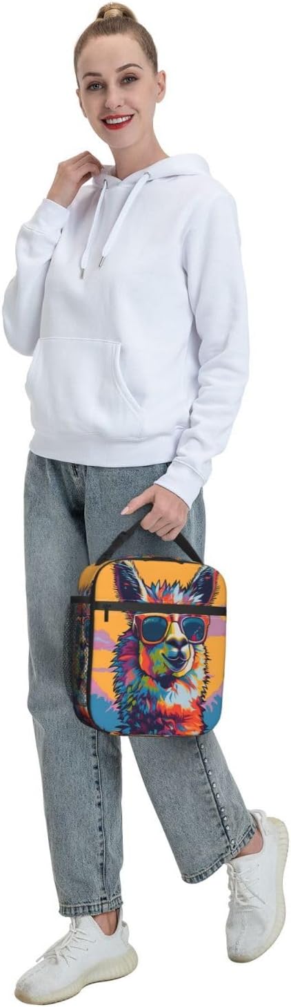 Colorful Llama Lunch Box for Women Girls Kids, Insulated Cooler Cool Sunglasses Llama Lunch Bag for School, Picnic, Office, Work, Travel, Portable Polyester Thermal Reusable Tote Lunch Bags