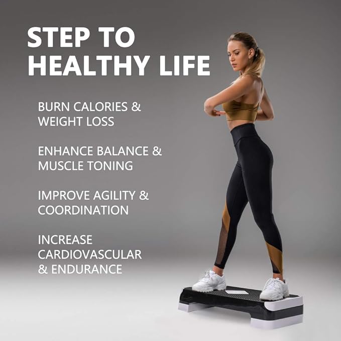 Adjustable Workout Aerobic Stepper, Aerobic Exercise Step Platform with 2 Risers, Exercise Step Deck for Fitness, 26.5" Trainer Stepper with Non-Slip Surface Home Gym & Extra Risers Options