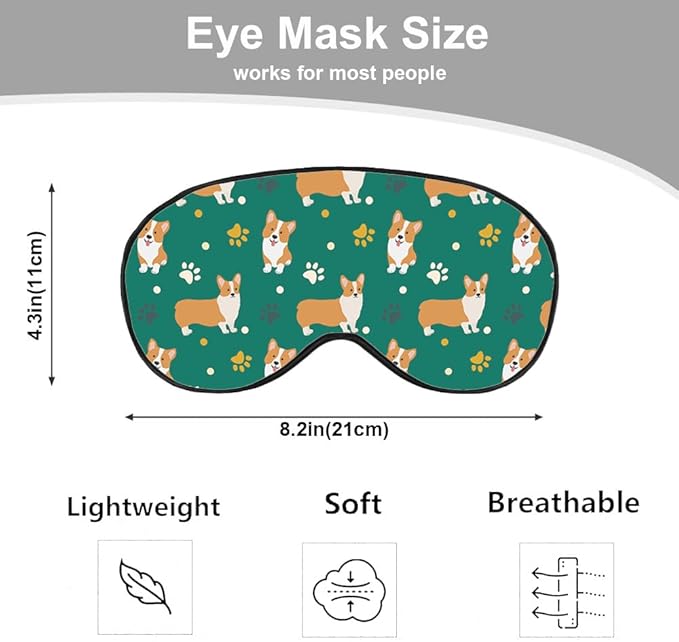 Funny Dog Sleep Mask Eye Mask Corgi Cute Puppies Cartoon Pet Animal Green Sleep Mask Light Blocking Adjustable Smooth Soft Eye Masks for Women Deep Rest Travel