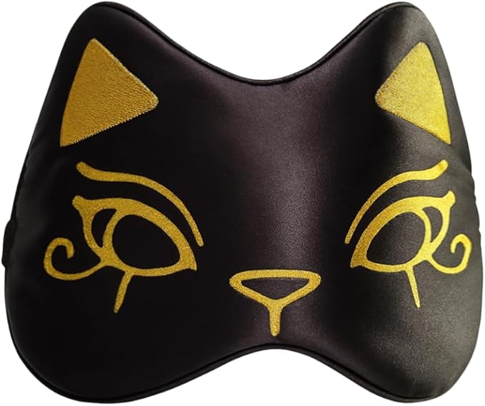 Silk Sleep Mask Blindfold Eye Mask for Sleep Cute Cat Print Embroidered Eye Cover Adjustable Oversized Egyptian Bastet with Gift Box&Pouch(Midnight Bastet-Adjustable Strap)