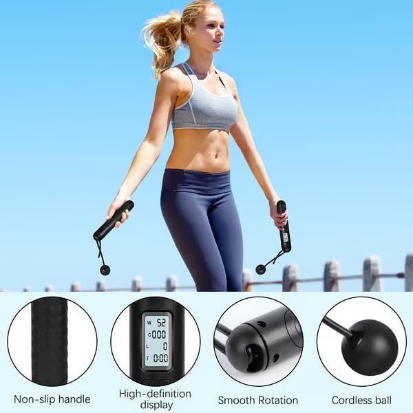 Indicatek Skipping Rope with Counter, Cordless Jump Rope, Smart Weighted Cord with Lcd Display, Adjustable Digital Counting Skipping Tool, Tangle-Free Wireless String for Fitness