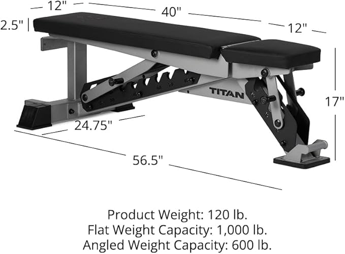 Titan Fitness TITAN Series Adjustable Bench, Supports 600 LB Incline, 1,000 LB Flat, Versatile Single Post Utility Workout Bench for Home Gym, Weightlifting, Strength Training