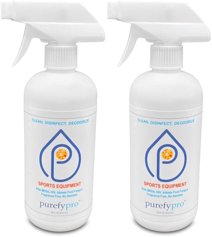 Purefypro Sports Equipment Disinfectant Spray (16oz, 2pk) Kills 99.9999% MRSA, HIV, Athlete Foot Fungus, Virus, Fungi. No Residue. Great For Sports Pads, Yoga Mats, Shoes, Boxing Gloves, Gym Equipment