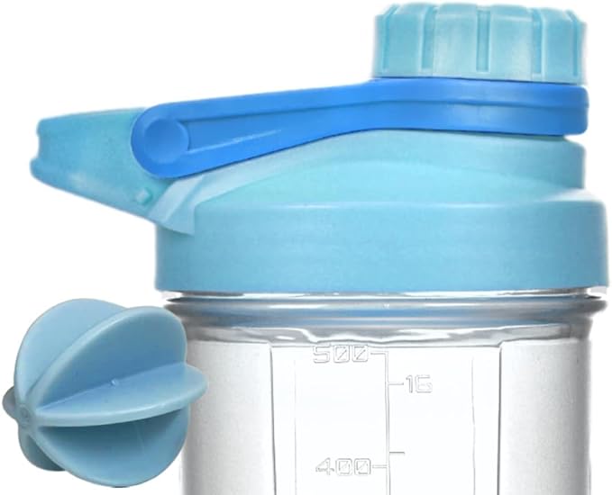 A Stylish Blue Shaker Bottle w. Clear Cup BPA Free,Made of PP5,Measurement Marks of 16 OZ/500 ML & 1.57" Plastic Whisk Ball,Anti-Leaking Twist Cap Fixed w. Slim Arm & Large Moden Loop,Easy to Clean