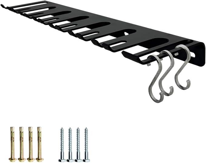 2-Tier Black Barbell Wall Rack + Dual-Mounted Vertical Olympic Barbell Wall Rack .(3 Hooks). dumbbell rack.Concrete/Wood Screws.(not for 16-inch center walls)