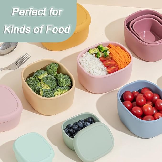 Reusable Nesting Silicone Food Storage Containers, Set of 3 Lunch Box Bento with Lids, Airtight Snack Container, BPA Free, Dishwasher Microwave Oven Freezer Safe (6.7oz, 10oz, 20oz) (Green)