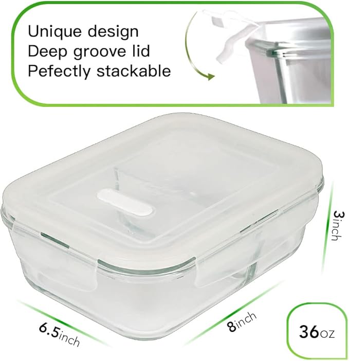 DAS TRUST 3 Pack Glass Food Storage Containers 2 Compartments Glass Meal Prep Containers with Lids for Adult Food Prep Containers with Divider Reusable Lunch Bento Box
