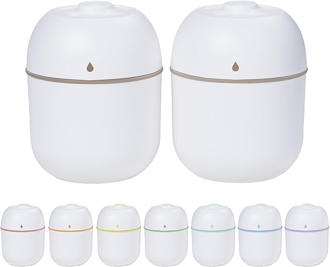 2 Pcs 220ML Small Diffuser Humidifier, Mini Aromatherapy Diffuser for Home, Office, Bedroom, Spa, Yoga Room, Car Air Humidifier with 5 Color Light, Timer, Auto Shut-Off, 2 Mist Modes -White