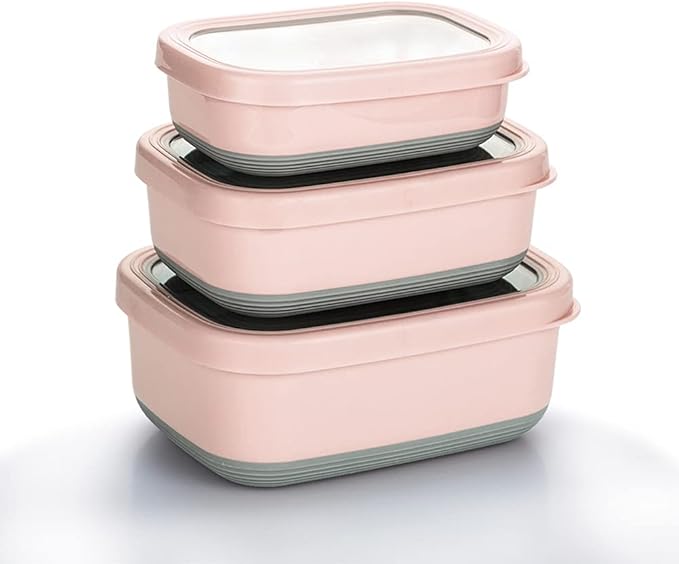 Lille Home Leak Proof Stainless Steel Lunch Snack Containers Set - Ideal for Educational Settings and Daycare - Nesting Trio with Silicone Lids - 47oz+30oz+16oz - Pink