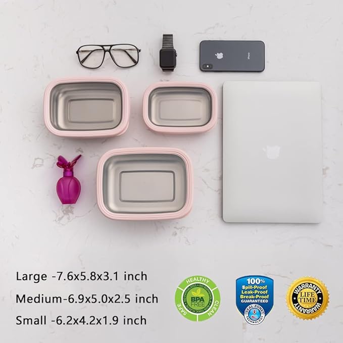 Lille Home Leak Proof Stainless Steel Lunch Snack Containers Set - Ideal for Educational Settings and Daycare - Nesting Trio with Silicone Lids - 47oz+30oz+16oz - Dark Pink