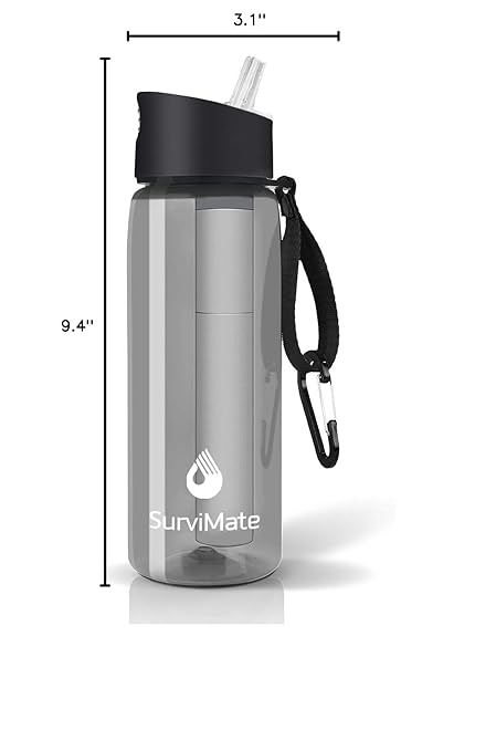 Survimate 5-Stage 0.01μm Ultra-Filtration Filtered Water Bottle, BPA-Free Material, NSF/ANSI 42&372 Certified, Portable Water Filter Bottle for Survival, Camping, Hiking, and Emergency Use