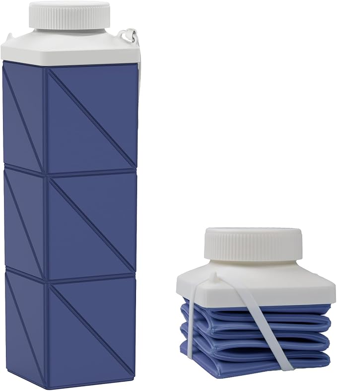 24oz Collapsible Water Bottles,Foodgrade BPA Free Reusable Foldable Water Bottle Lightweight LeakProof for Travel Hiking Camping Cycling Gym Sports,Collapses Folding Water Bottle,Dark Blue