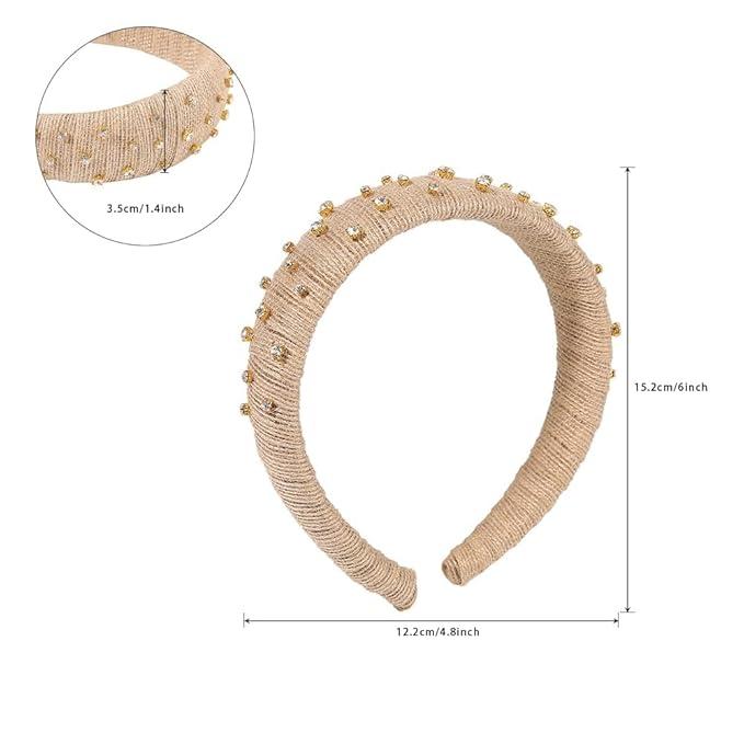 Madison Tyler Headbands for Women | Fashion Boho Headbands Top Knotted With Rhinestones Elastic Workout Hairbands | Outdoor and Party Headbands for Women Non Slip (linen color with rhinestones)