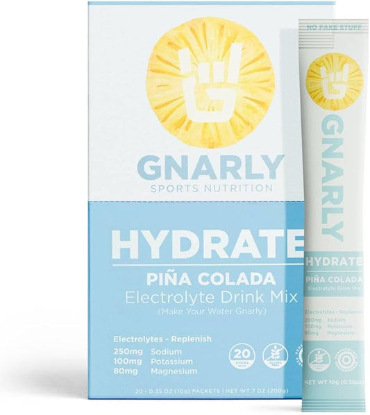 Gnarly Nutrition Hydrate Electrolyte Powder – Pina Colada Exercise Hydration Drink Mix – NSF Contents Certified – Electrolyte Solution, Performance & Recovery – Pina Colada, Box of 20 Stick Pack