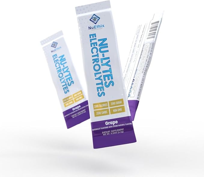 NuEthix Formulations NU-LYTES Electrolytes Hydration Packets, Zero Calories, Zero Sugar, Zero Carbs, Non-GMO, Electrolytes Powder Packets, Glycogen Replenishment, 15 Servings (Grape)