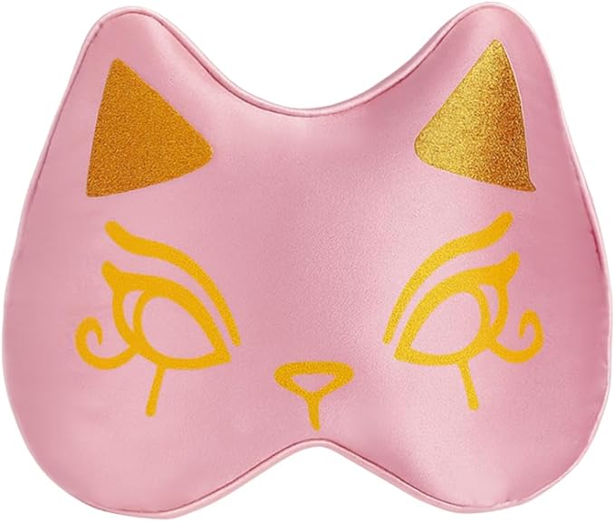 Silk Sleep Mask Blindfold Eye Mask for Sleep Cute Cat Print Embroidered Eye Cover Adjustable Oversized Egyptian Bastet with Gift Box&Pouch(Sekhmet Mauve-Elastic Strap)