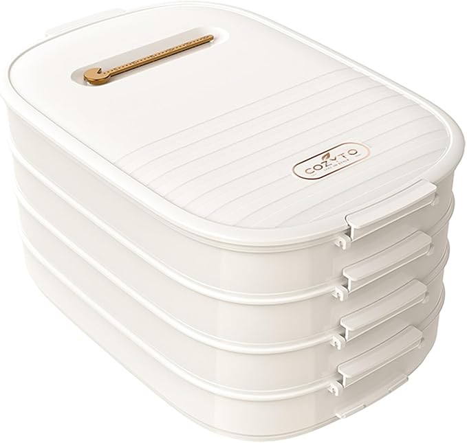 4-Layer Dumpling Storage Container – Freezer Organizer with Smart Timer, Good Sealing, Stackable Food Containers, Anti-Stick Base & Clip Lid (White Lid & White Box)