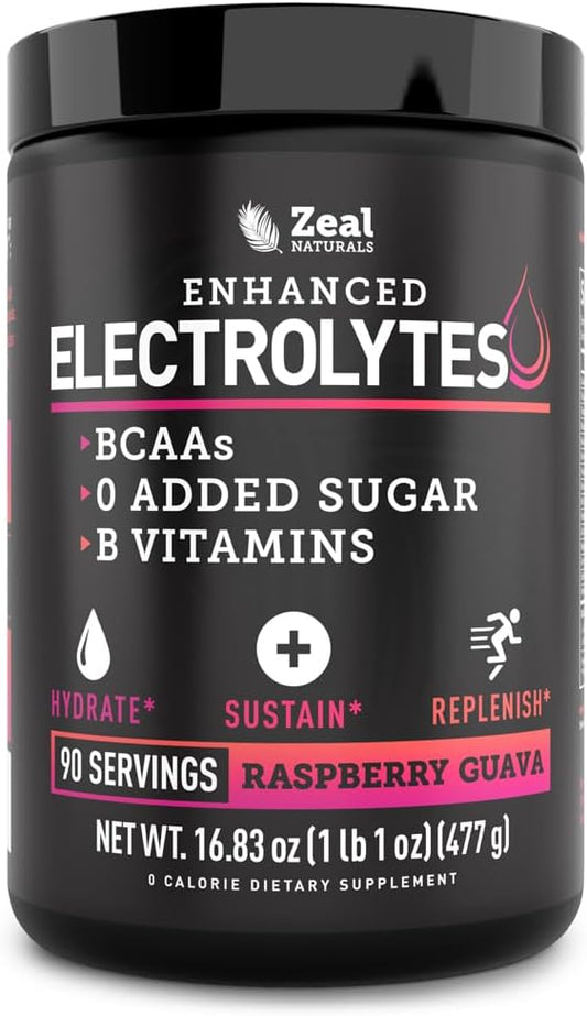 Zeal Naturals Electrolyte Powder Recovery Drink (90 Servings | Raspberry Guava) w/ 0 Sugar +BCAAs +B-Vitamins Electrolyte Supplement w Potassium Zinc & Magnesium for Hydration - Keto Electrolytes