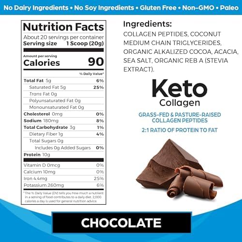 Orgain Keto Collagen Protein Powder with MCT Oil, Chocolate - Paleo Friendly, Grass Fed Hydrolyzed Collagen Peptides Type I and III, Dairy Free, Gluten Free, Soy Free, 0.88 Lb (Packaging May Vary)