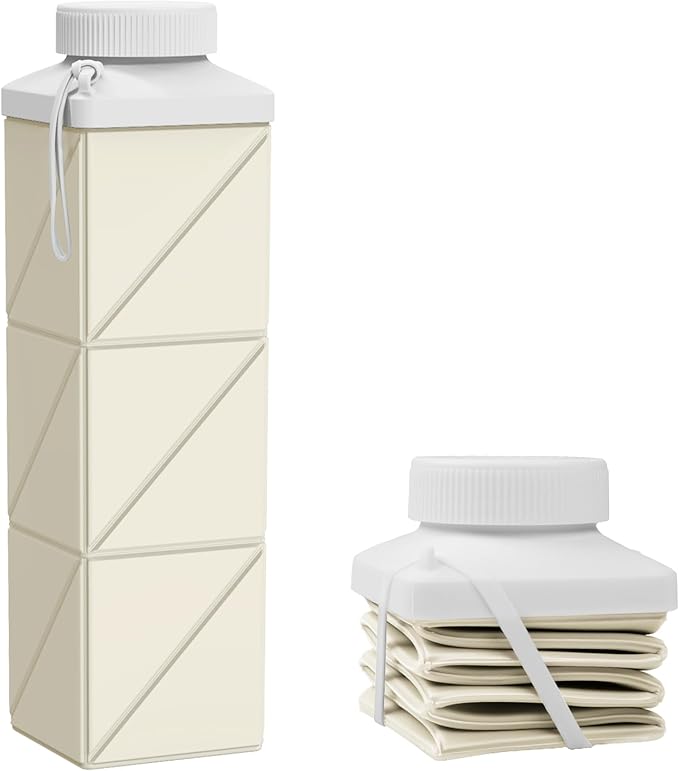24oz Collapsible Water Bottles–Food-Grade,BPA-Free,Leakproof,Lightweight,Foldable Design Perfect For Travel,Hiking,Camping,Gym,Sports Bottle,Reusable Compact,Ideal Hydration Companion Beige