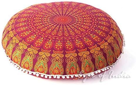 Eyes of India - Mandala Floor Pillow Cover Meditation Cushion Seating Throw Hippie Round Colorful Decorative Bohemian Indian Pouf Ottoman Handmade Cover ONLY (A1 Burgundy, 32" x 32")