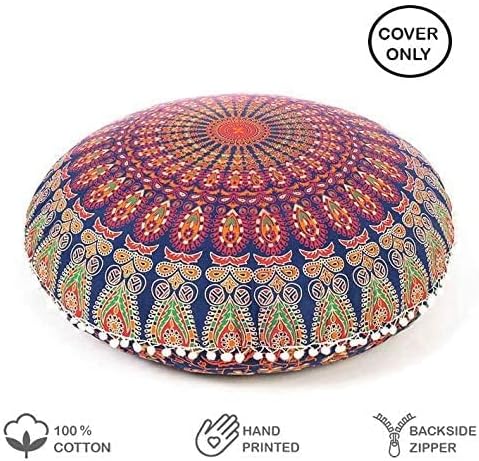 Eyes of India - Mandala Floor Pillow Cover Meditation Cushion Seating Throw Hippie Round Colorful Decorative Bohemian Indian Pouf Ottoman Handmade Cover ONLY (A1 Dark Blue-2, 32" x 32")