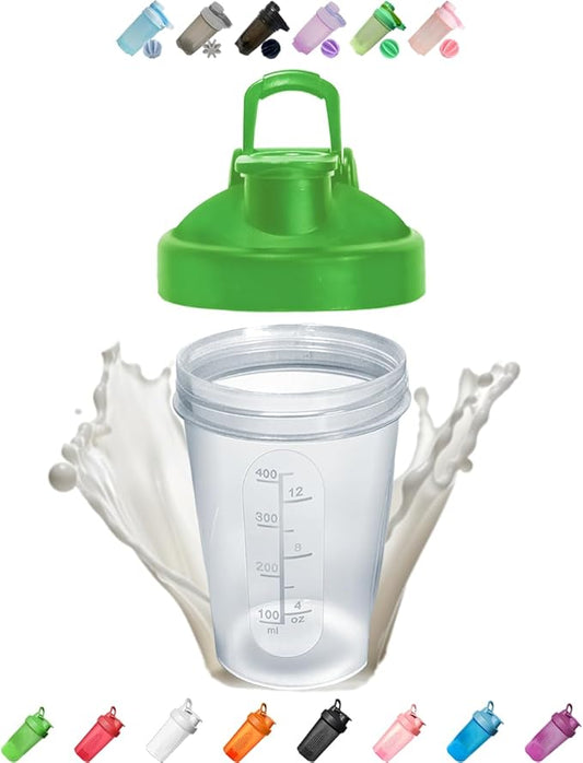 A Small Clear Shaker Bottle w. Green Lid,12Oz/400ml Measurement Marks & Stainless Whisk Blender Mixer Ball,BPA Free,Made of PP5,-4~248 °F,Perfect for Nutrition/Protein/Keto/Juice Powder Shaking