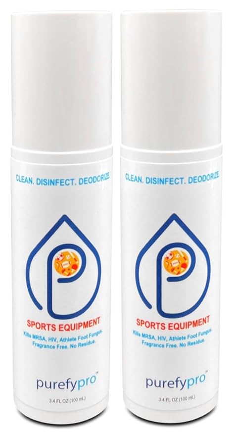 Purefypro Sports Equipment Disinfectant Spray - (3.4oz, 2pk) TSA Travel Size. Kills 99.9999% MRSA, HIV, Athlete Foot Fungus, Virus and Fungi. No Rinse, No Residue. Great For Sports Pads, Yoga Mats,