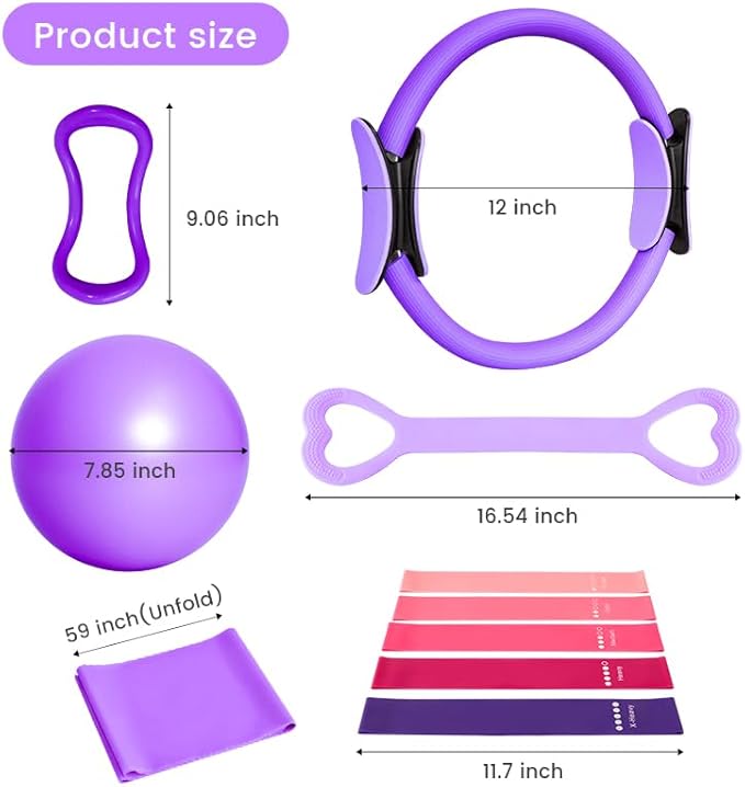 Home Pilates Essentials Kit for Women, with 5 Resistance Bands - Magic Circle Pilates Kit for Home Toning, Includes Yoga Ball, Stretch Strap & Gym Bag (13-Piece Complete Starter Set)