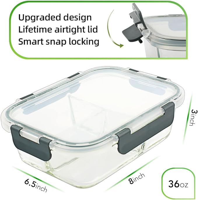 DAS TRUST 3 Pack Bento Box Glass Meal Prep Container 3 Compartment Glass Food Storage Containers with Lids Meal Prep Bowls Lunch Box for Oven
