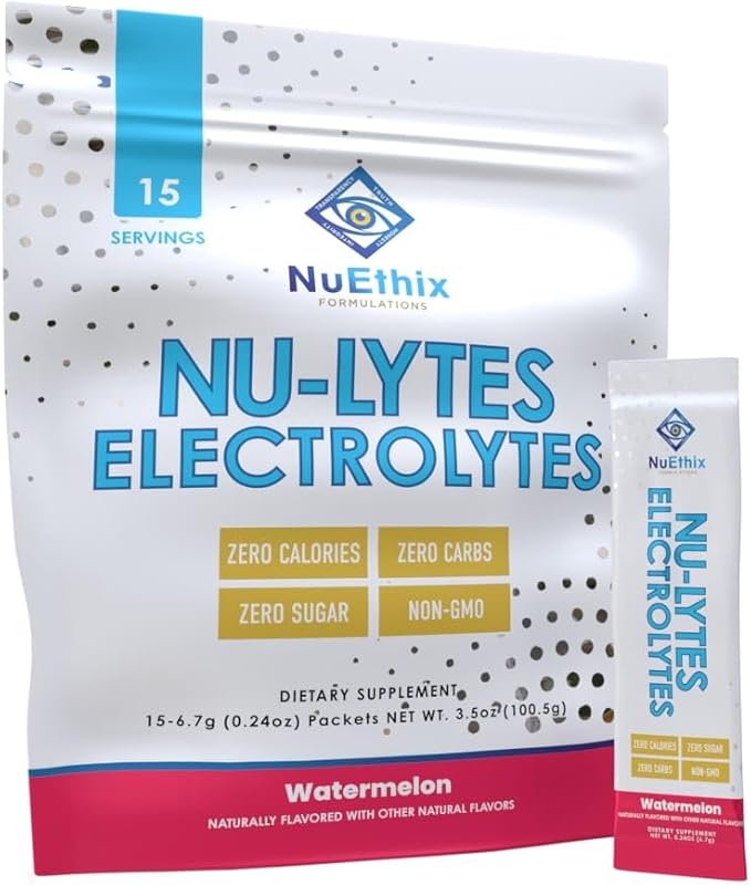 NuEthix Formulations NU-LYTES Electrolytes Hydration Packets, Zero Calories, Zero Sugar, Zero Carbs, Non-GMO, Electrolytes Powder Packets, Glycogen Replenishment, 15 Servings (Watermelon)