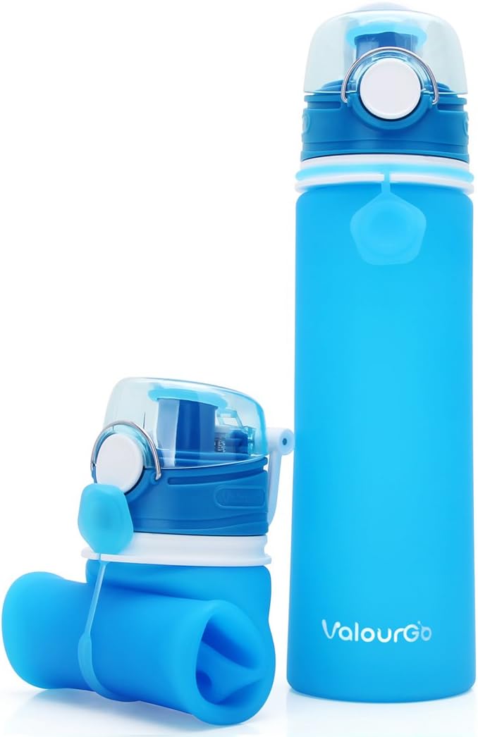 Valourgo Collapsible Water Bottle, Silicone Foldable with Leak Proof Valve BPA Free, Aqua Blue, 21 oz
