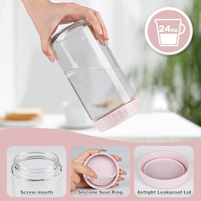 Overnight Oats Containers with Lids, 24oz Glass Jars with Lids 4 pcs, Pink, Wide Mouth Mason jars for Salad, Yogurt, Snacks, Meal Prep