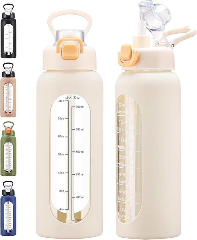 32 oz Glass Water Bolttles with Straw Large Motivational Water Bottle with Time Marker Sports Water Bottles with Silicone Sleeve and Handle Lid Water Jug for Gym Workout