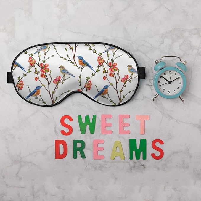Cute Blue Birds Sleep Eye Mask Eye Cover Tree Branch Green Leaves Red Flower Silk Eye Mask for Sleeping with Adjustable Strap for Travel Nap Shift Work Office