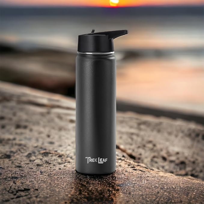 Travel Water Bottle with 3 Lids (Spout, Straw, Flip) Leak Proof, Quality, Vacuum Insulated, Stainless Steel (Black, 22 oz)