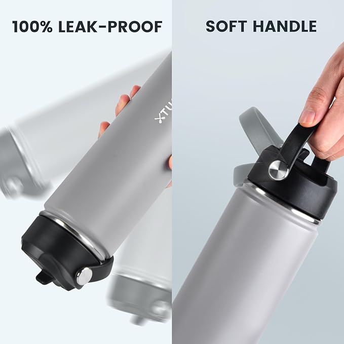 24oz Insulated Travel Water Bottle - Stainless Steel, Leakproof - Keep Hot for 12hrs & Cold for 30hrs - for Outdoors, Sports, Bike, Gym, Marathon - Gift for Women, Men (Gray)