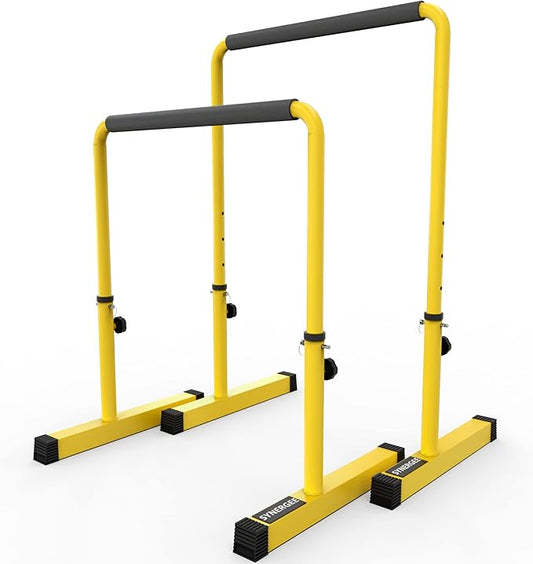 Synergee Dip Bar. Adjustable Dip Station from 30” – 39” for Dips, Inverted Pull Ups. Max capacity 400 lbs. Portable Dip Stand for Total Body Workout. Available in Yellow and Black.