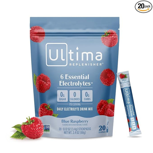 Ultima Replenisher Daily Electrolyte Powder Drink Mix – Sugar Free – Blue Raspberry, 20 Stickpacks – Hydration Packets with 6 Electrolytes and Trace Minerals – Keto Friendly, Vegan, Non-GMO