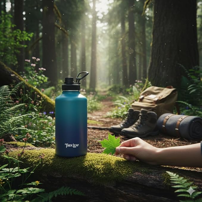 Travel Water Bottle with Carrying Bag, 3 Lids (Spout, Straw, Handle), and Bottle Brush; Leak Proof, Quality, Vacuum Insulated, Stainless Steel (Deep Water, 64 oz)