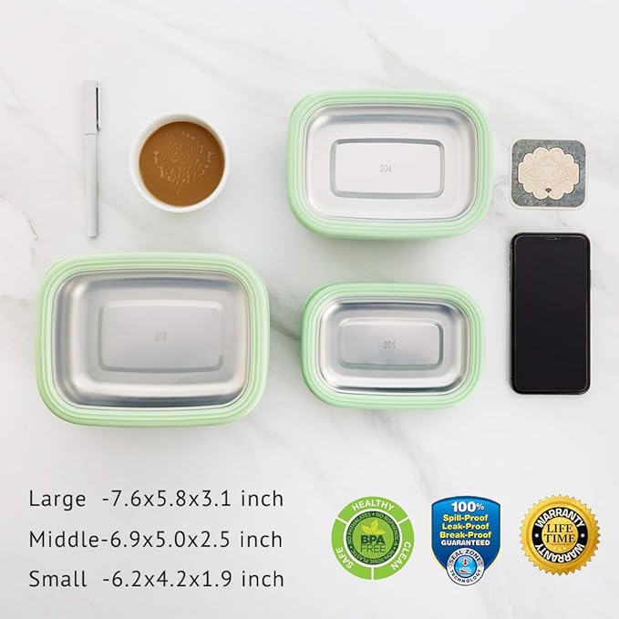 Lille Home Leak Proof Salad Container Stainless for Lunch - Snack Containers Steel - Ideal for Educational Settings & Daycare - Nesting Trio with Silicone Lids - 47oz+30oz+16oz - Blue