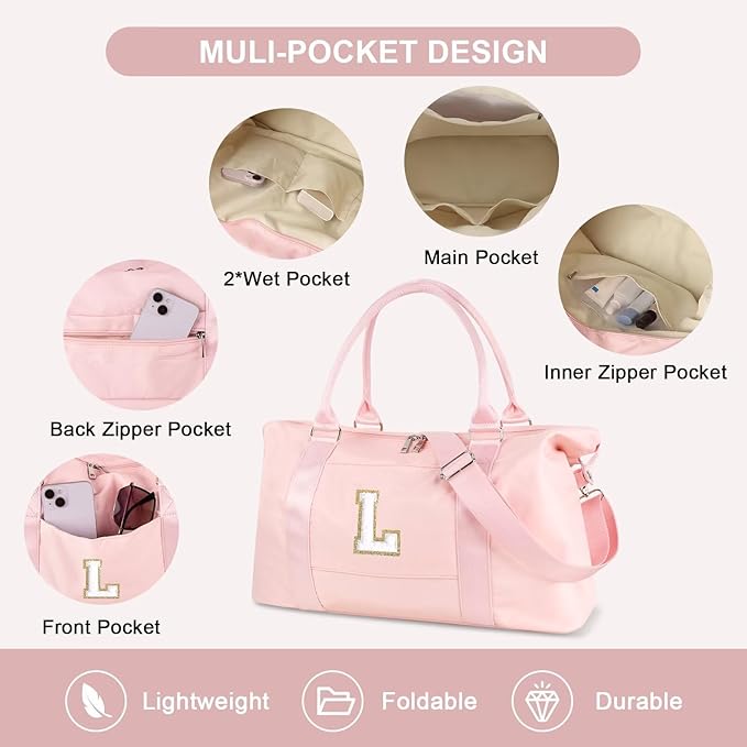 Dance Gym Duffel Bag for Teen Girls, Personalized Initial Travel Weekender Bag,Cute Overnight Carry On Duffle for Women,Sports Travel Cheer Bag,Monogram Christmas Gifts for Tween Preppy(pink-L)