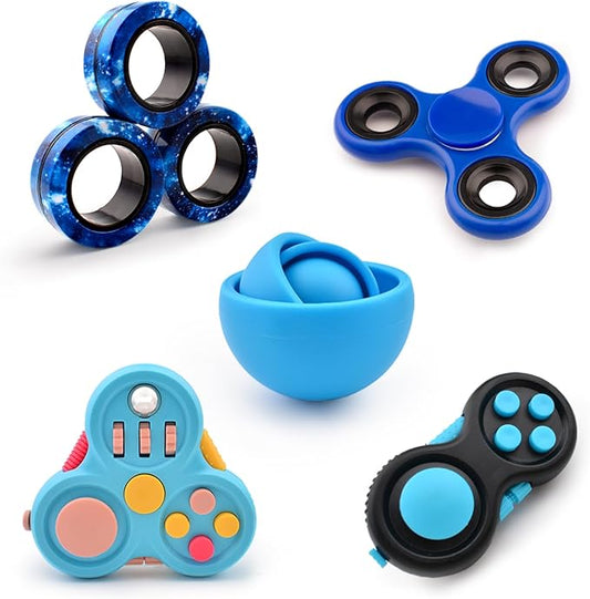 Fidget Toys Adults Pack 5Pcs,Fidget Spinner with Magnetic Rings Gyro,Fidget Controller Autism Sensory Toys,ADHD Stress Anxiety Desk Fidgets,Easter Basket Stuffers for Kids Teen Boys(BU)