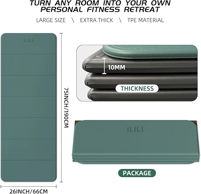 ILILI Foldable Yoga Mat, 10mm Thick, TPE Material, Extra Long 75"L x 26"W, Soft and Comfortable Folding Mat 0.4 Inches, Easy to Carry and Store, 190*66cm Portable Multi-Functional Use for Yoga, Home Exercise & Outdoor