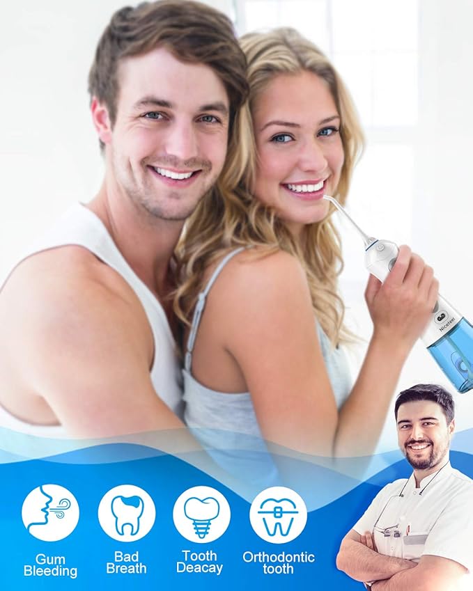 Cordless Water Flosser Teeth Cleaner, Nicefeel 300ML 2 Tip Cases Portable and USB Rechargeable Oral Irrigator for Travel, IPX7 Waterproof, 3-Mode Water Flossing with 4 Jet Tips for Home