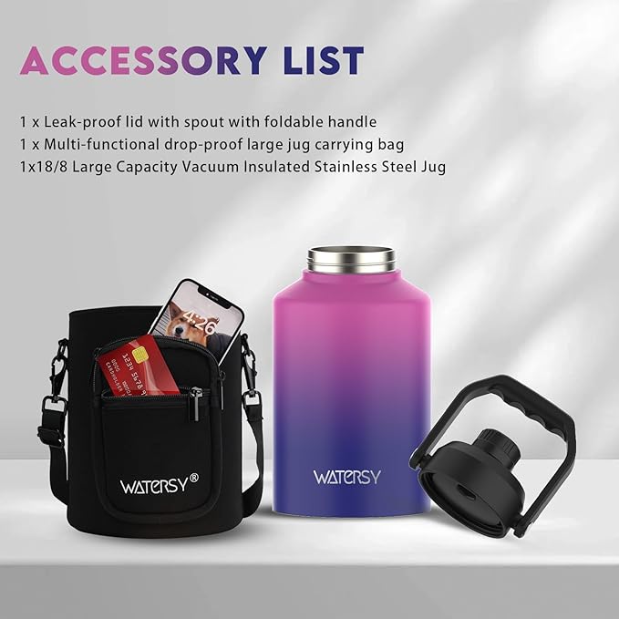 1 Gallon Water Bottle Insulated(Cold for 48 Hrs),BPA Free&Leak Proof,128oz Stainless Steel Water Jug,Big thermo,Large Water Bottle with Handle for Gym,Hiking,Camping&Travel,Gradient Purple