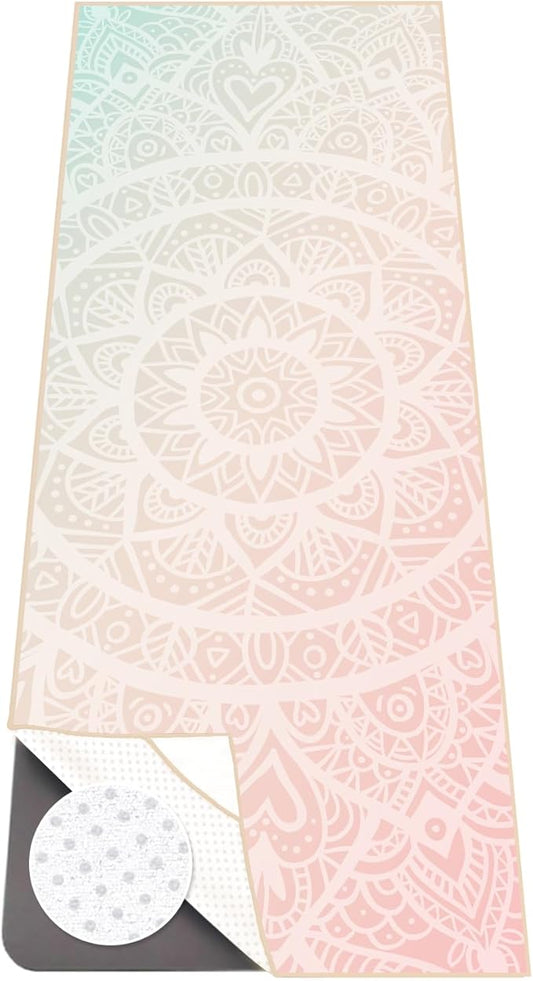 Colorful Star Large Yoga Towel with Corner Pockets, Non Slip Grip Dots Sweat Absorbent Hot Yoga Mat Towels, Yoga Blankets with Travel Bag, Mat Cover for Workout, Gym, Fitness - 74"x26", Pink Mandala