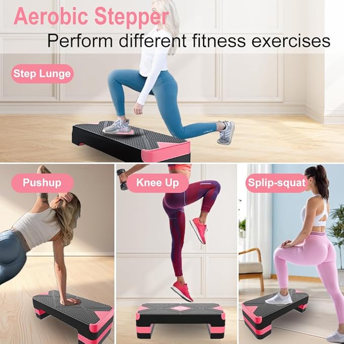 EVERYMILE Aerobic Exercise Step, Adjustable Aerobic Stepper for Exercise, Workout Step Platform, Step Up Box, 26.5" Step Deck with 4” 6” 8” Adjustable Height Risers, Women Home Gym Fitness